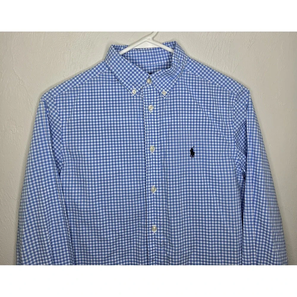 Ralph Lauren Boy Size Large 14-16 Ghingam Check Button Down Blue White Logo Pony